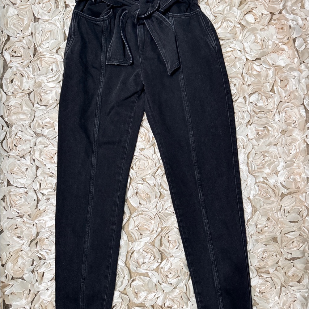 IRO Ouzilly Paper Bag Belted Faded Black High Rise Tapered Jeans Sz 8 (Sz 40 FR)